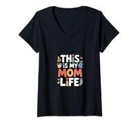 Femme Citation Humoristique « This is My Mom Life » T-Shirt avec Col en V