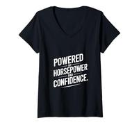 Femme Citation « Powered by Horsepower and Confidence » T-Shirt avec Col en V