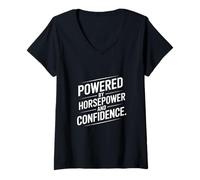 Femme Citation « Powered by Horsepower and Confidence » T-Shirt avec Col en V