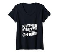 Femme Citation « Powered by Horsepower and Confidence » T-Shirt avec Col en V