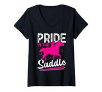 Femme Citation Pride in The Saddle Equestrian Rider T-Shirt avec Col en V
