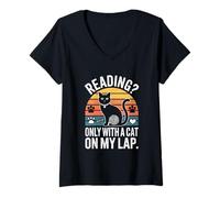 Femme Citation Reading Only with A Cat on My Lap T-Shirt avec Col en V