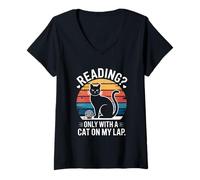 Femme Citation Reading Only with A Cat on My Lap T-Shirt avec Col en V