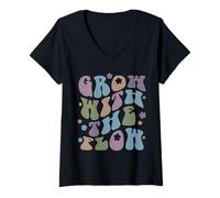 Femme Citation rétro Groovy Flower Grow with The Flow T-Shirt avec Col en V