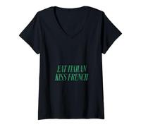 Femme Citation Romantique Humoristique en français avec Inscription « Eat Italian Kiss » T-Shirt avec Col en V