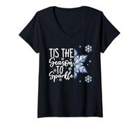 Femme Citation « Tis The Season to Sparkle » Flocon de Neige de Noël Bleu T-Shirt avec Col en V