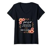 Femme Citation Vintage First of All Jesus Thinks I'm A Delight Funny T-Shirt avec Col en V