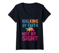 Femme Citation « Walking by Faith Not by Sight » T-Shirt avec Col en V