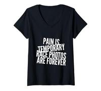 Femme Citations amusantes de course à pied La douleur est temporaire Les photos de course sont éternelles T-Shirt avec Col en V
