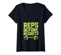 Femme Citations amusantes de gymnastique Reps Before Regrets Gym Motivation T-Shirt avec Col en V