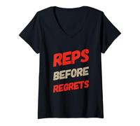 Femme Citations amusantes de gymnastique Reps Before Regrets Gym Motivation T-Shirt avec Col en V