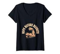 Femme Citations amusantes de gymnastique Reps Before Regrets Gym Motivation T-Shirt avec Col en V