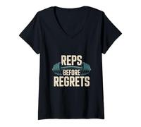 Femme Citations amusantes de gymnastique Reps Before Regrets Gym Motivation T-Shirt avec Col en V