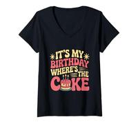 Femme Citations d'anniversaire Amusantes « It's My Birthday Where's The Cake » T-Shirt avec Col en V