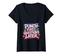 Femme Citations drôles de Boxe, Boxeur drôle Premières Questions Plus Tard T-Shirt avec Col en V