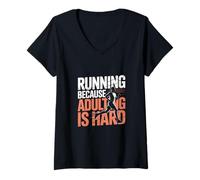 Femme Citations drôles Qui coulent Run Meme Running Because Adulting is Hard T-Shirt avec Col en V