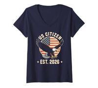 Femme Citoyen américain Est. 2026 Drapeau américain Immigration Aigle à tête Blanche T-Shirt avec Col en V