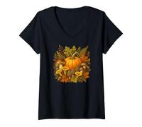 Femme Citrouille botanique Vintage en quête de récolte d'automne T-Shirt avec Col en V