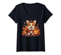 Femme Citrouille d'automne Mignon Corgi Thanksgiving Chien T-Shirt avec Col en V