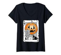 Femme Citrouille King of Hearts Jack-o-Lantern Poker Face T-Shirt avec Col en V