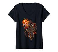 Femme Citrouille sculptée Jack O Lantern Cavalier sans tête de Chat T-Shirt avec Col en V