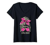 Femme City of Long Beach Chignon Cheveux désordonnés Ruban Lunettes de Soleil Design T-Shirt avec Col en V