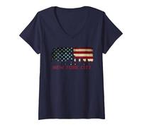 Femme Cityscape Metro New York City Skyline Art USA Drapeau T-Shirt avec Col en V, Bleu Marine, XL