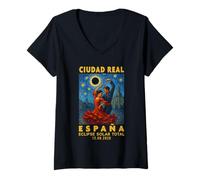 Femme Ciudad Real, España Eclipse Solar Total 2026 T-Shirt avec Col en V