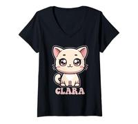 Femme Clara Motif chat mignon pour fille Prénom Clara T-Shirt avec Col en V
