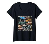 Femme Classic Car American Muscle Cars Drapeau USA Vintage 4 Juillet T-Shirt avec Col en V