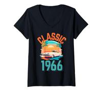Femme Classique 1966 avec Voiture, Palmiers et Coucher de Soleil T-Shirt avec Col en V