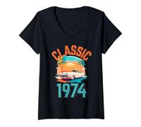 Femme Classique 1974 avec Voiture, Palmiers et Coucher de Soleil T-Shirt avec Col en V