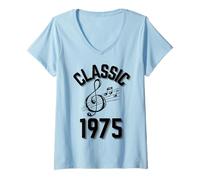 Femme Classique 1975 avec clé de Sol et Notes de Musique. T-Shirt avec Col en V