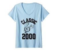 Femme Classique 2000 avec clé de Sol et Notes de Musique. T-Shirt avec Col en V