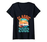 Femme Classique 2002 avec Voiture, Palmiers et Coucher de Soleil T-Shirt avec Col en V