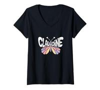 Femme Claudine Butterfly - Word Art personnalisé avec nom Mignon T-Shirt avec Col en V