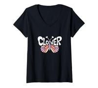 Femme Clover Butterfly - Word Art personnalisé avec nom Mignon T-Shirt avec Col en V