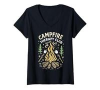 Femme Club de thérapie pour feu de Camp - Design Nature et Camping T-Shirt avec Col en V