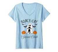 Femme Club Social Amusant avec Un fantôme d'halloween et Un Chat Noir T-Shirt avec Col en V