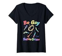 Femme Clue Be Gay Solve Crime Colorful Weapons Distressed Style T-Shirt avec Col en V