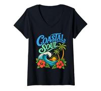 Femme Coastal Soul Ocean Wave Palmiers Tropical Sunset Citation T-Shirt avec Col en V