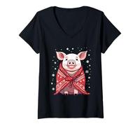 Femme Cochon de Noël enveloppé dans Une Couverture Rouge pour Amoureux des Animaux T-Shirt avec Col en V