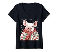 Femme Cochon de Noël pour Amoureux des Animaux enveloppé dans Une Couverture de Vacances T-Shirt avec Col en V
