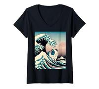 Femme Cochon d'Inde Art The Great Wave Off Kanagawa Animal Japonais T-Shirt avec Col en V