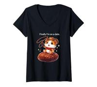 Femme Cochon d'Inde avec Inscription « Finally I'm on a Date » T-Shirt avec Col en V