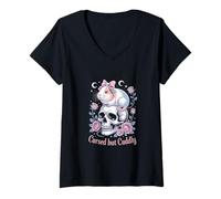 Femme Cochon d'Inde Crâne Gothique Nœud Pastel & Roses T-Shirt avec Col en V