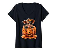Femme Cochon Effrayant et Mignon en Forme de Citrouille, Bonbon, maïs, Animal d'halloween T-Shirt avec Col en V