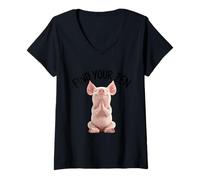 Femme Cochon méditant Zen Sourire Joie Mindful T-Shirt avec Col en V