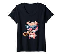 Femme Cochon Mignon Joue Trompette Lunettes T-Shirt avec Col en V