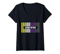 Femme Code à Barres du Drapeau Non Binaire Assume Nothing Queer Pride Mois T-Shirt avec Col en V